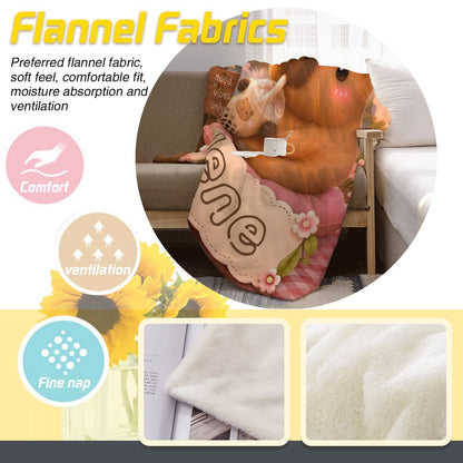 Flannel blanket photo showing Jolene teddy bear design and soft fleece fabric close-up
