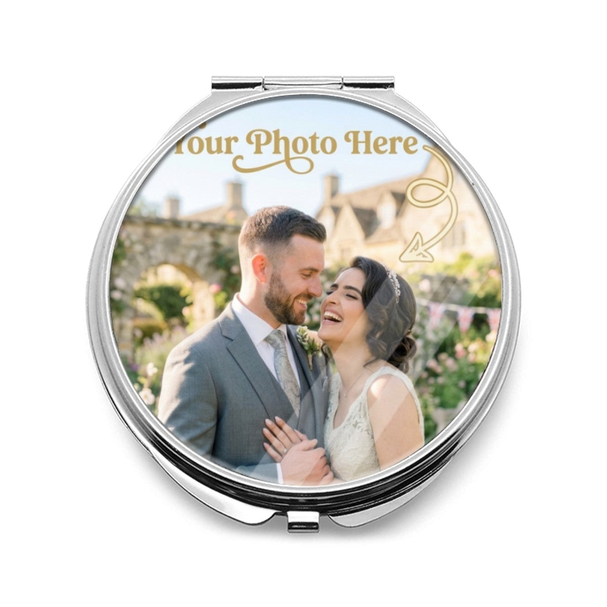 Round silver compact mirror with a custom photo insert on the closed lid