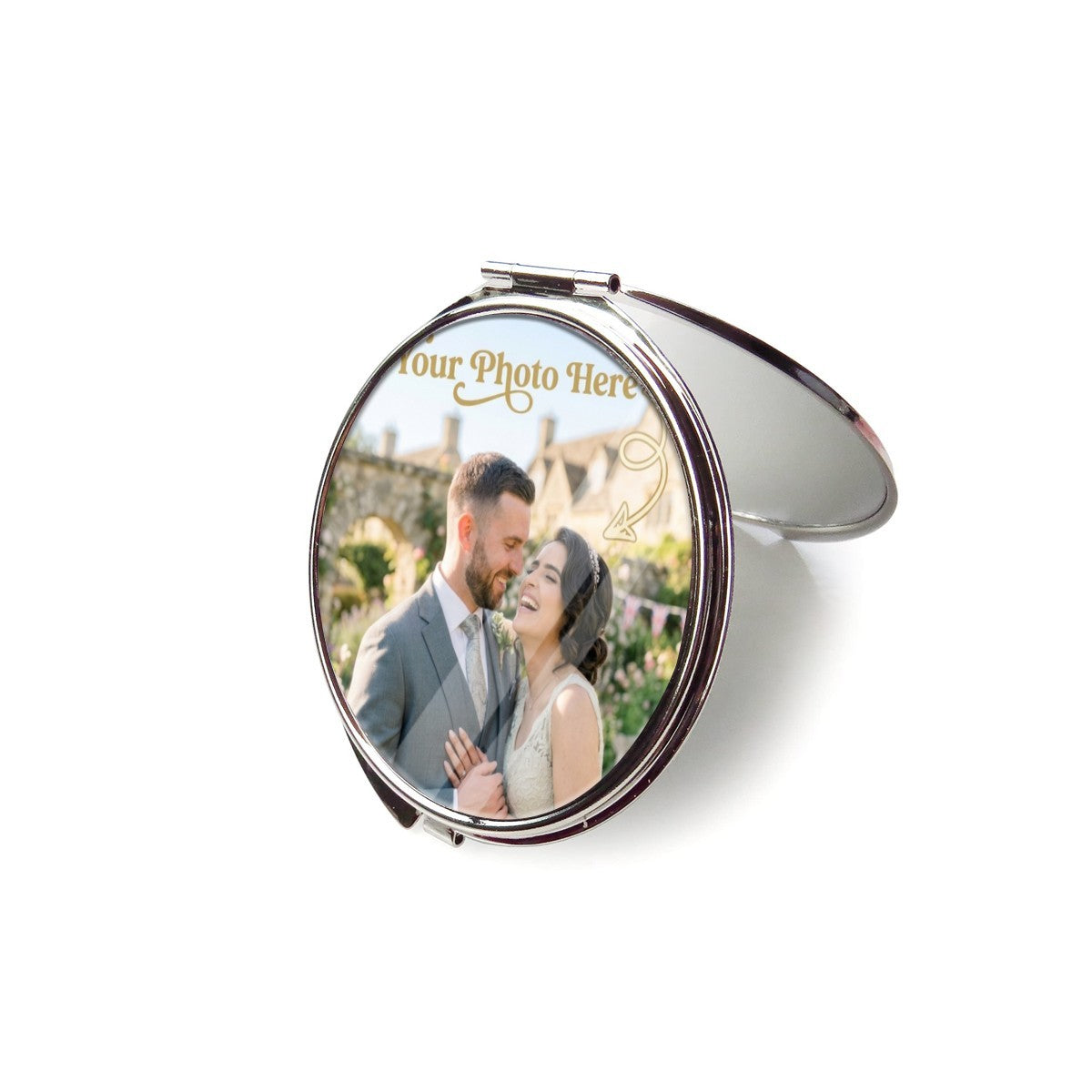 Open silver compact mirror with a custom photo insert on the lid