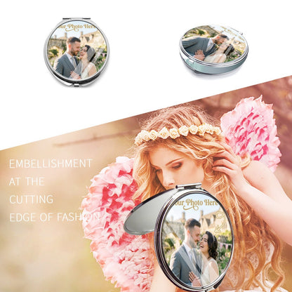 Personalized silver compact mirror shown closed and open