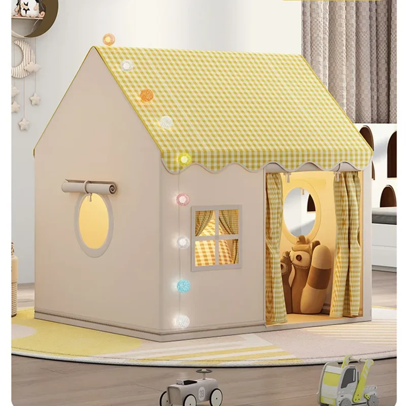 Kids Indoor Play House Tent – Cottage Style with Gingham Roof, Windows & Curtain Door | Foldable | Yellow, Pink, Khaki | Children's Birthday Gift