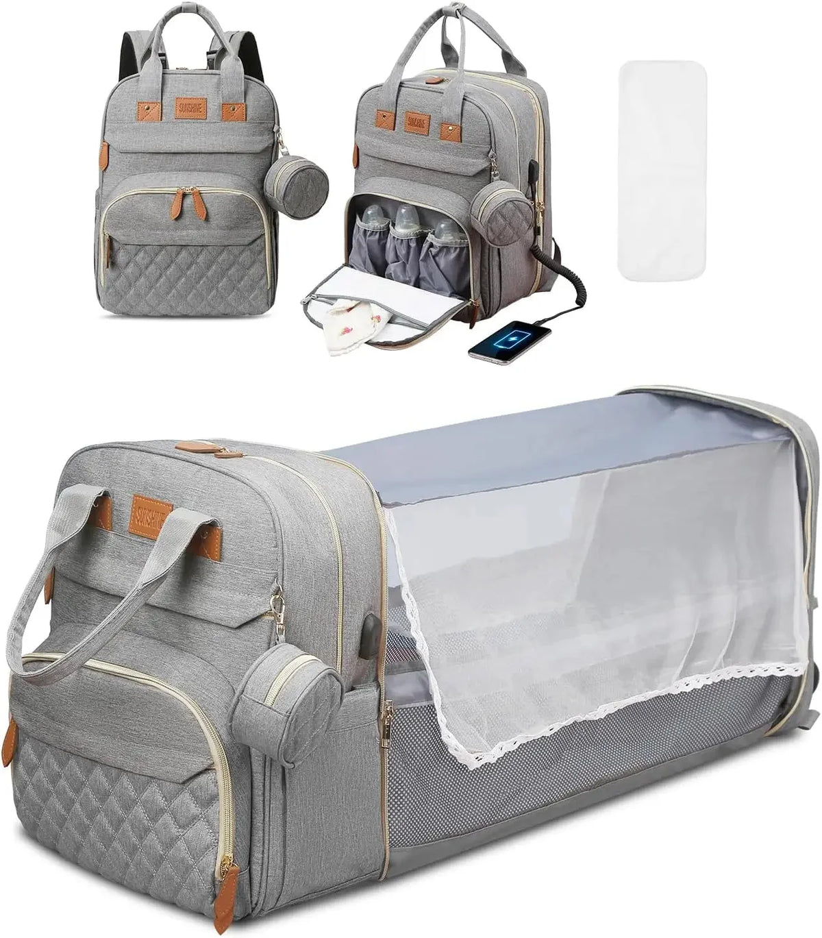 Gray diaper bag backpack with foldable baby bed, mesh side pocket, and wide transparent window.