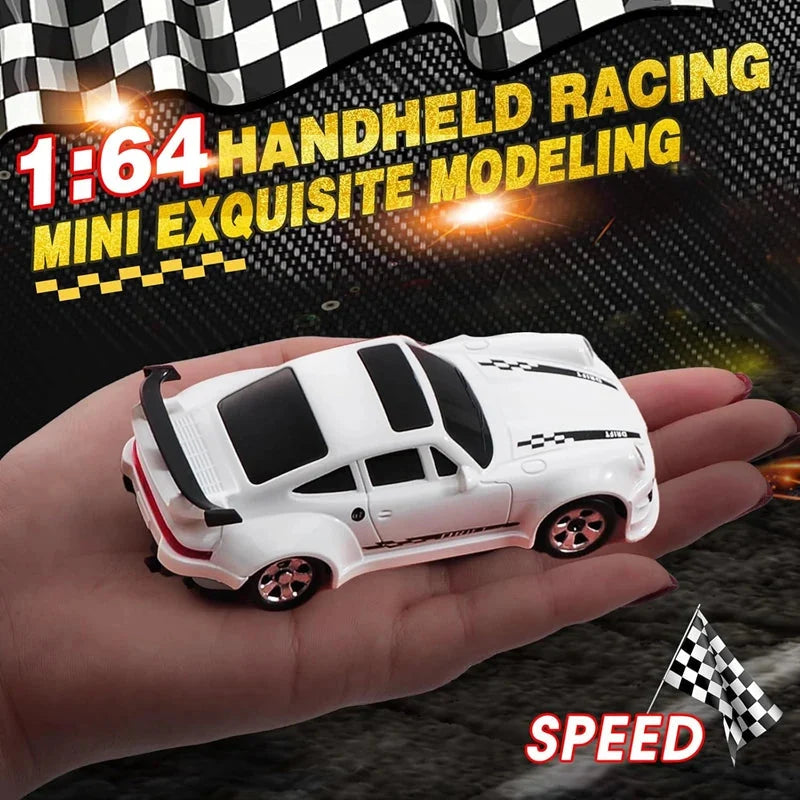 White 1:64 mini RC racing car model with black stripes held in a hand