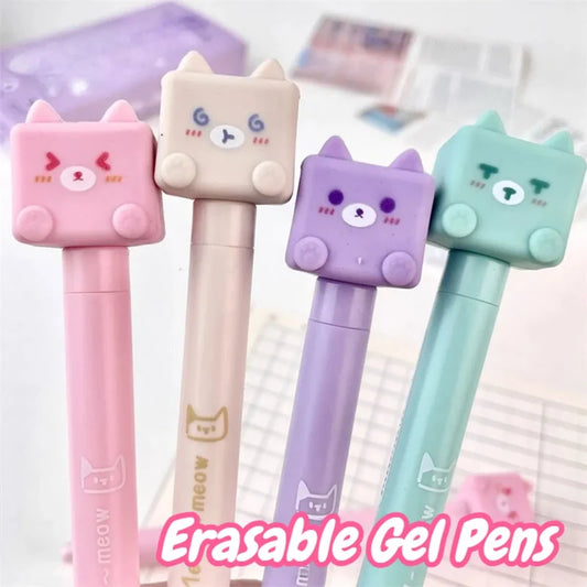 Kawaii Cat Erasable Gel Pens – Cute 4-Piece Stationery Set | Blue Erasable Ink