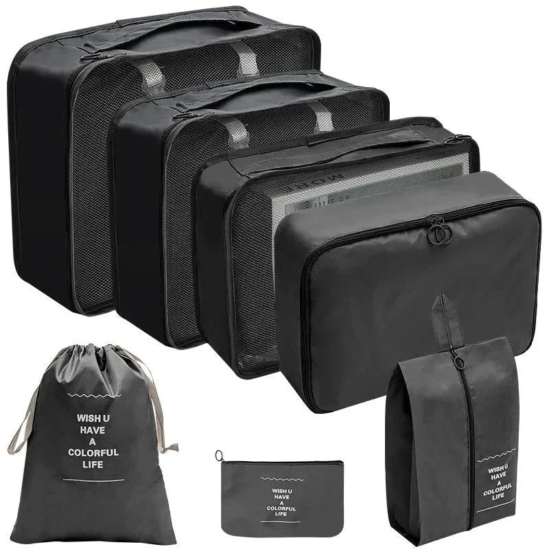 Black travel packing organizer cubes set with mesh tops and matching zip pouches
