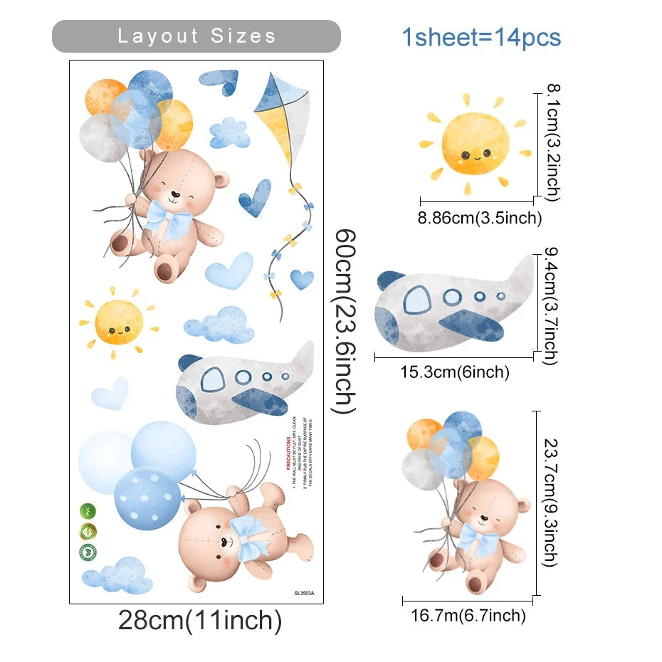 Kids & Nursery Wall Stickers – Watercolour Bears, Hearts & More | Self-Adhesive Peel & Stick | Nursery, Bedroom & Playroom Decor