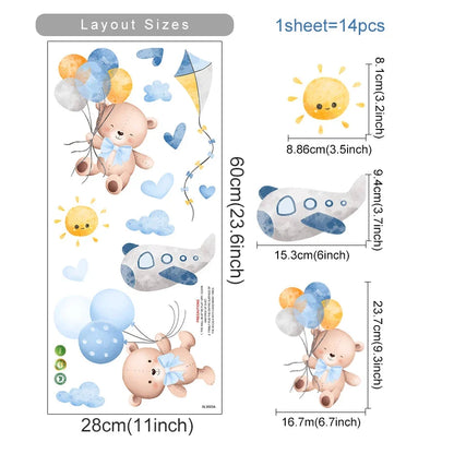 Kids & Nursery Wall Stickers – Watercolour Bears, Hearts & More | Self-Adhesive Peel & Stick | Nursery, Bedroom & Playroom Decor