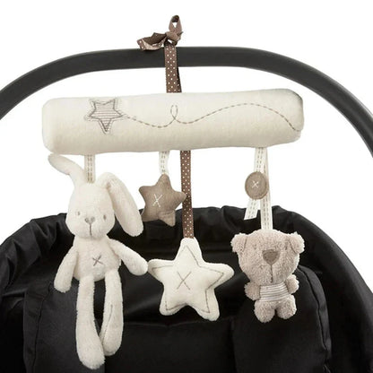Baby Stroller Hanging Toy – Plush Rabbit, Bear & Star Set with Spiral Cord & Clip | Crib, Car Seat & Pram Mobile | Newborn Baby Shower Gift