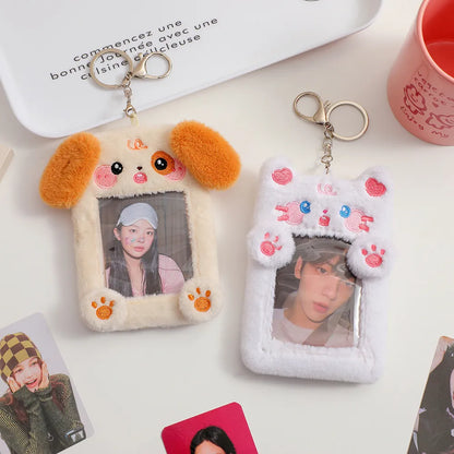 Plush dog photo card holder keychain with beige fur, orange ears, and photo window