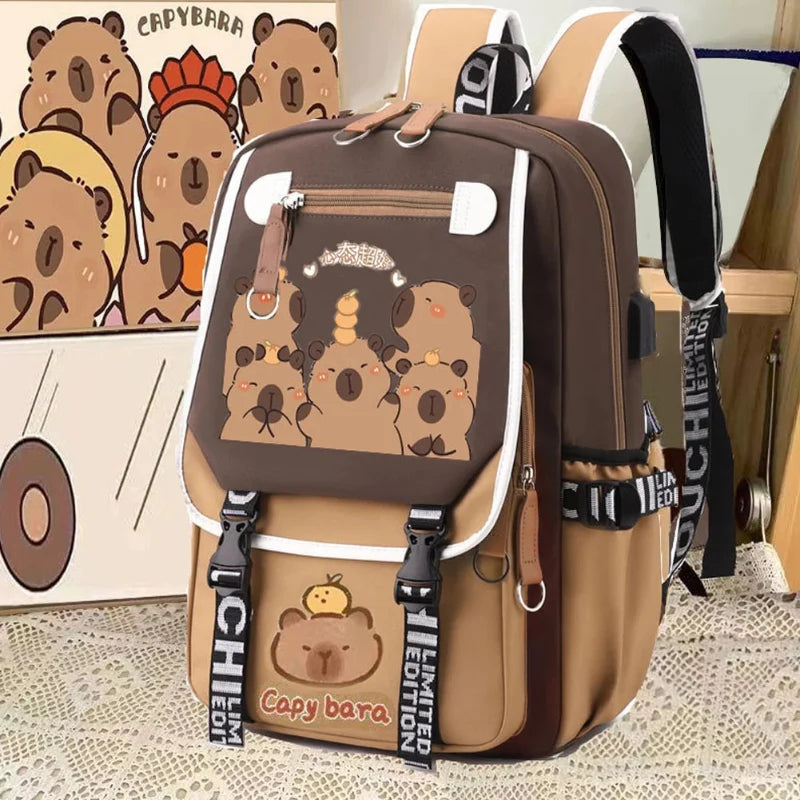 Kawaii Capybara Backpack with Pencil Case – Cute School Bag Set for Teens & Adults