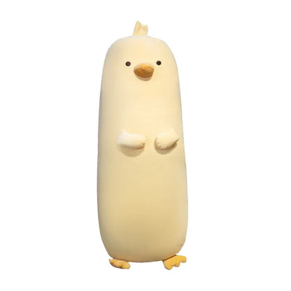 Light yellow plush chick pillow with face, beak, small wings and feet