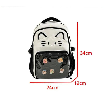 Black mini cat-ear school backpack with cat-face patch and mesh front pocket, size view