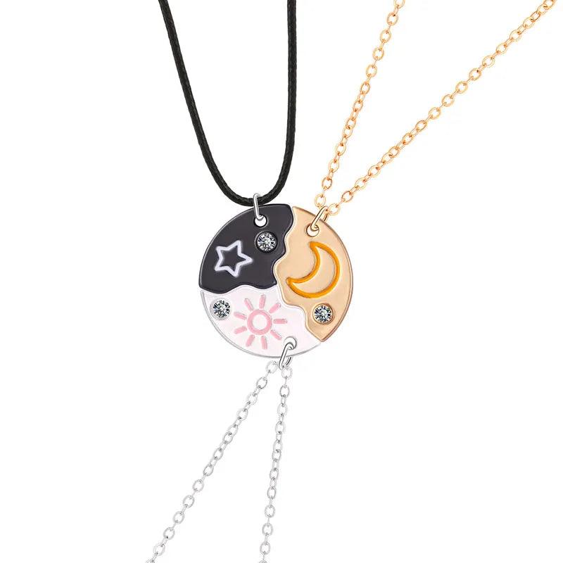 Yin-yang moon and sun round pendant necklace with black cord and silver or gold chain links