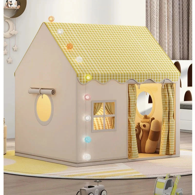 Kids Indoor Play House Tent – Cottage Style with Gingham Roof, Windows & Curtain Door | Foldable | Yellow, Pink, Khaki | Children's Birthday Gift