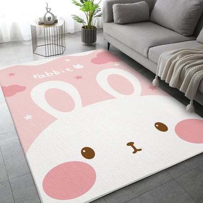 White and pink rabbit area rug with big oval ear prints and small paw accents