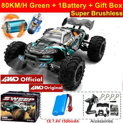 Green 1:16 4x4 off-road RC truck with teal accents and large black knobby tires