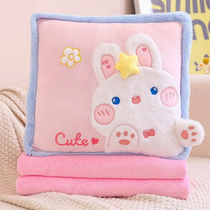 Kawaii pillow and blanket set with light blue plush pillow and pink blanket, cute white bunny