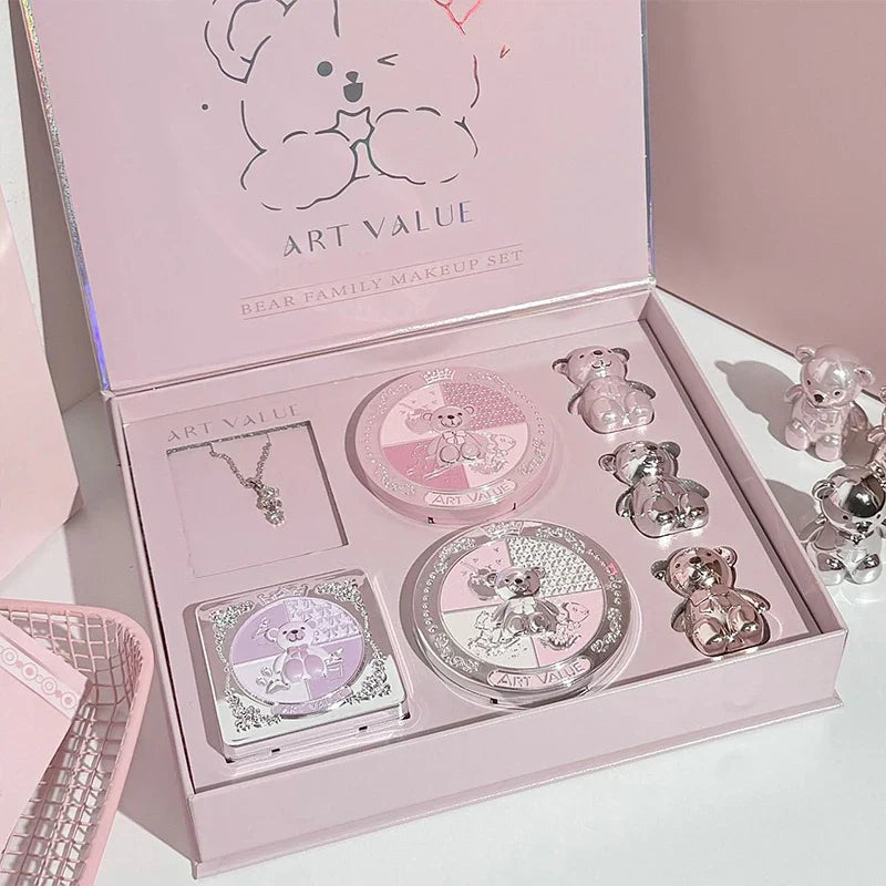 Bear family makeup gift set with decorative compacts and charm accessories in a box
