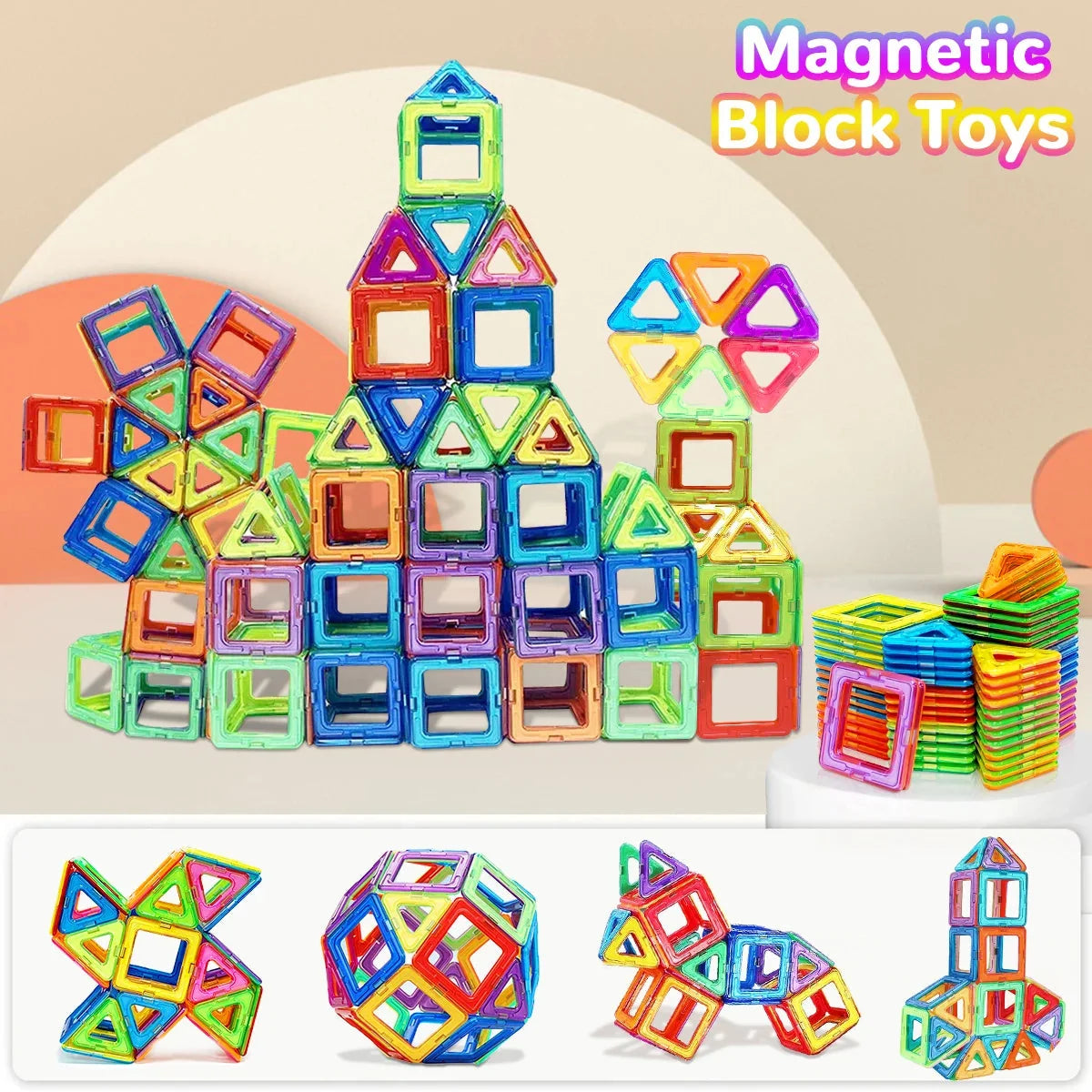 Colorful magnetic building blocks stacked into a tall tower and small piles