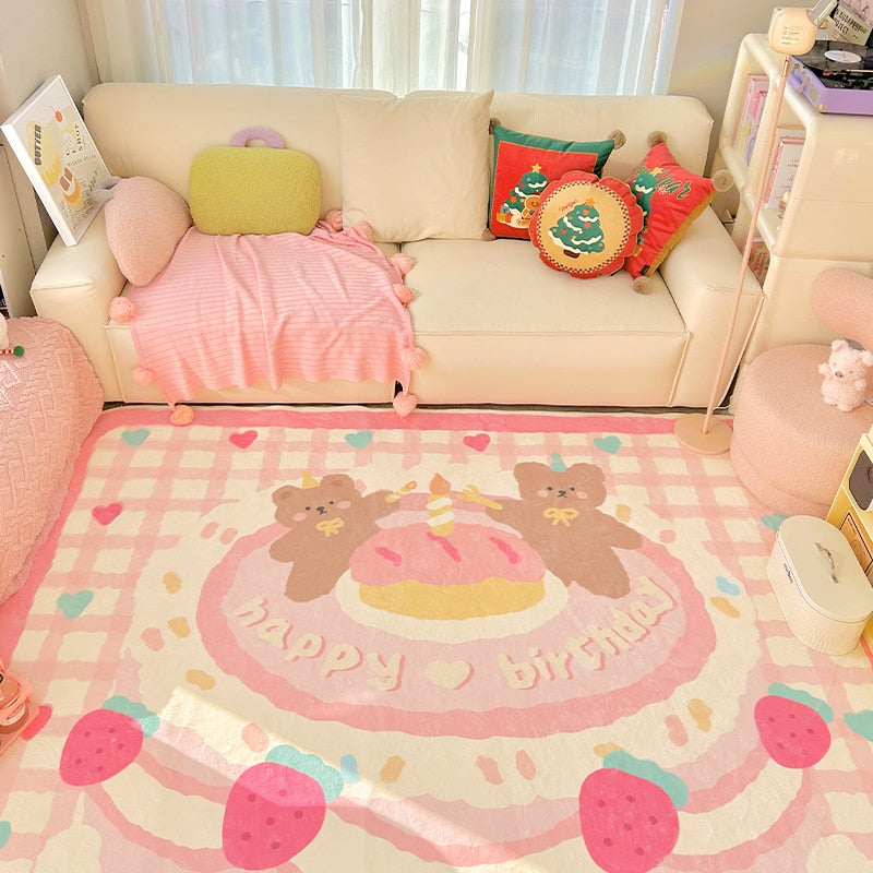 Pastel plush area rug with bear birthday cake design and strawberry theme, pink and cream