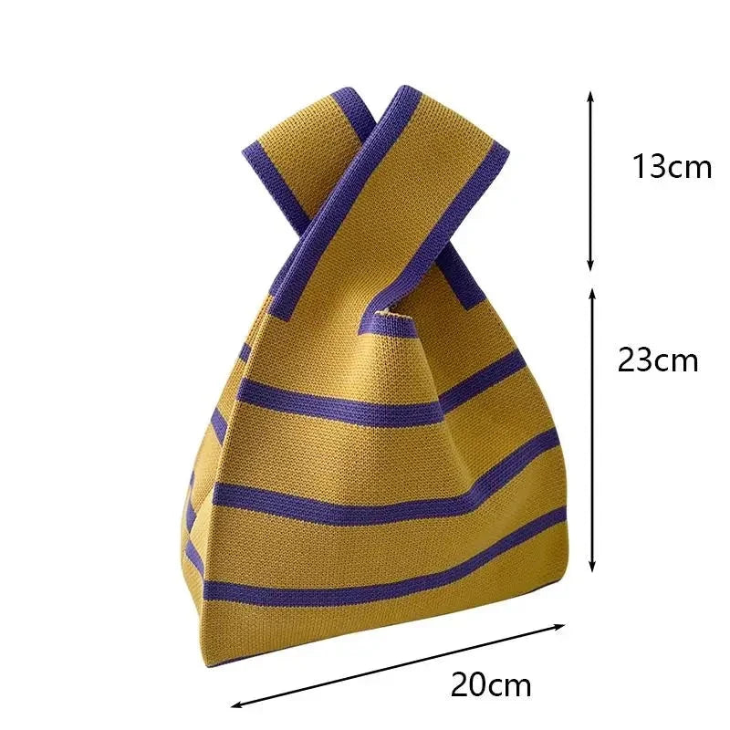 Striped knitted mini tote handbag, yellow with purple bands; 20x13x23 cm