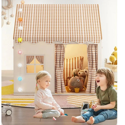 Kids Indoor Play House Tent – Cottage Style with Gingham Roof, Windows & Curtain Door | Foldable | Yellow, Pink, Khaki | Children's Birthday Gift
