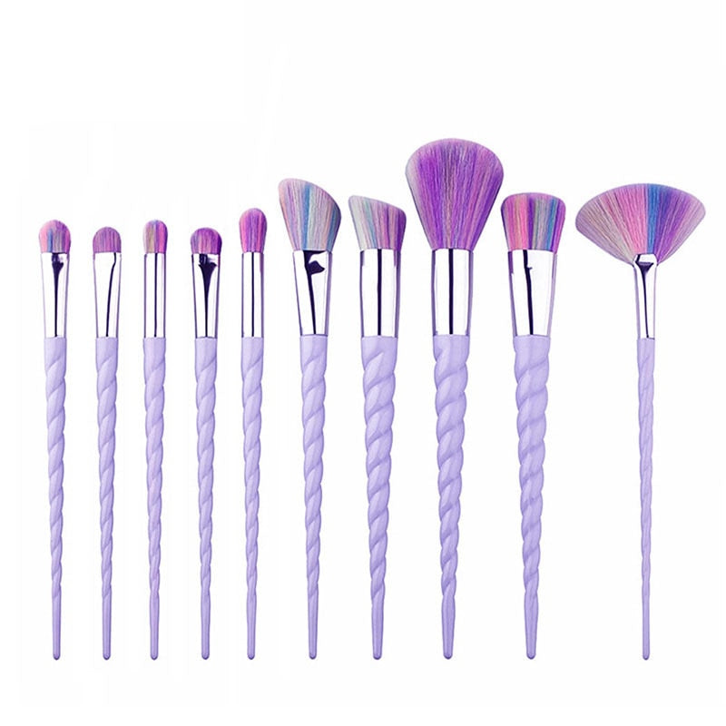 Makeup brushes set with lavender spiral handles and purple bristles, 10-piece