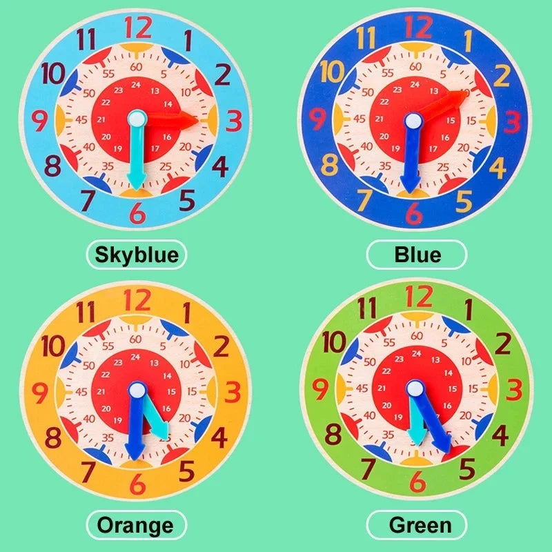 Montessori wooden learning clock in four colors: sky blue, blue, orange, and green