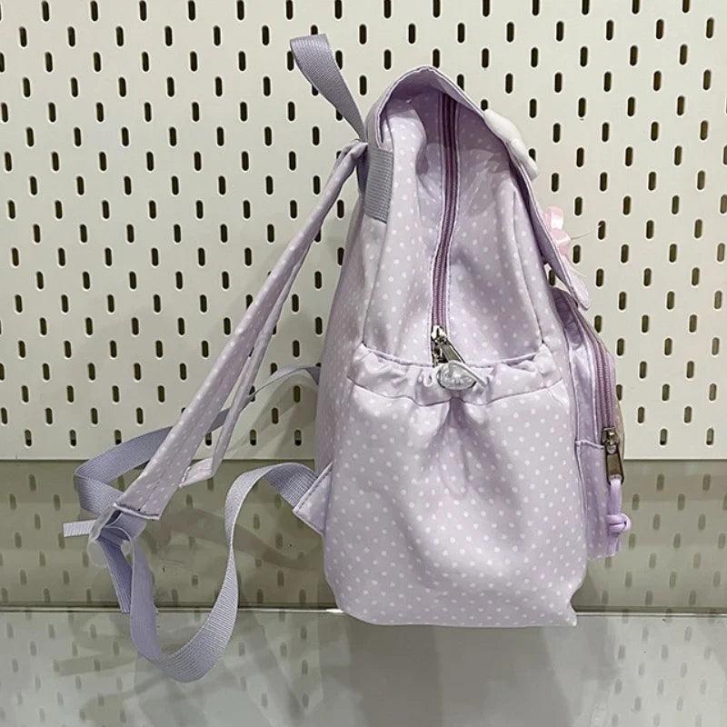 Light purple polka dot mini backpack with adjustable shoulder straps and top handle