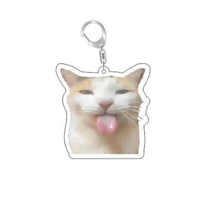 Cat keychain with silver ring and clip; cream cat with pink tongue sticking out.