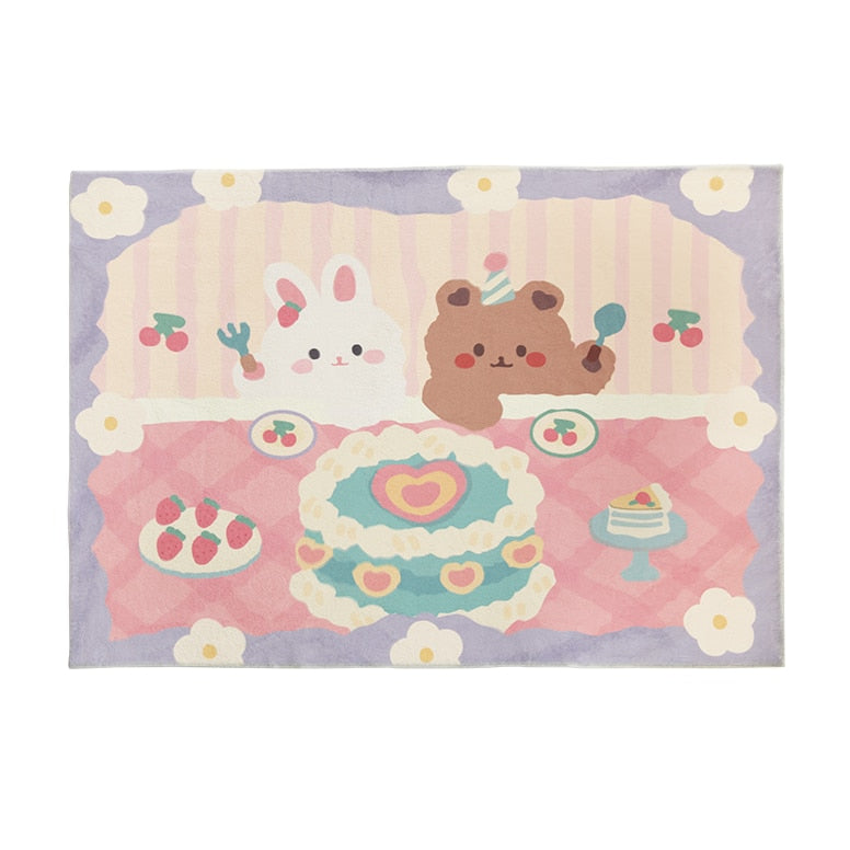 Pastel plush area rug with bunny and teddy characters, cake motifs, and clouds in lavender and pink