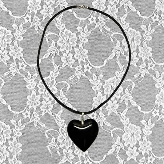 Black string necklace with black glass heart pendant