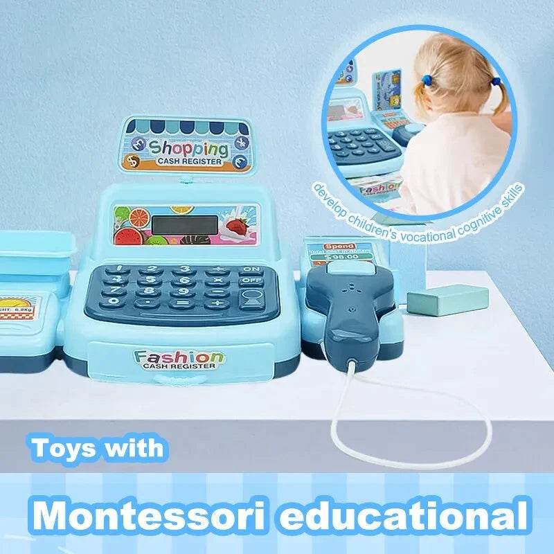 Blue cash register toy with shopping accessories and plastic payment card slot