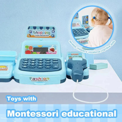Blue cash register toy with shopping accessories and plastic payment card slot