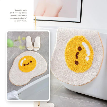 Cute egg bath mat rug on toilet base, yellow smiling egg face oval shape