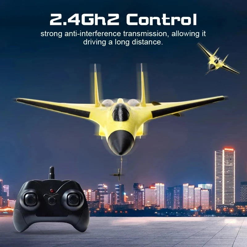 Yellow RC foam glider airplane with black 2.4G remote controller