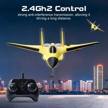Yellow RC foam glider airplane with black 2.4G remote controller