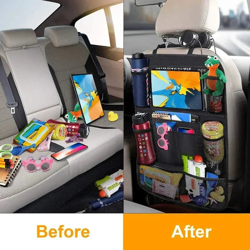 Black backseat organizer with tablet holder, mesh pockets, and cup holders on seatback.