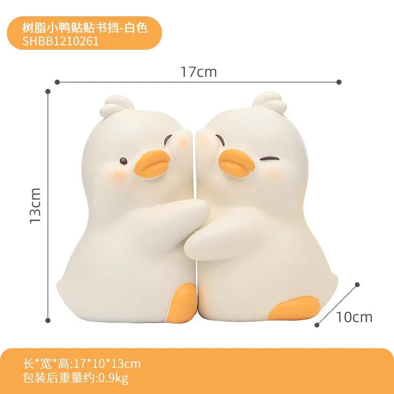 White duck book end set of two, shown with size outline and dimension marks