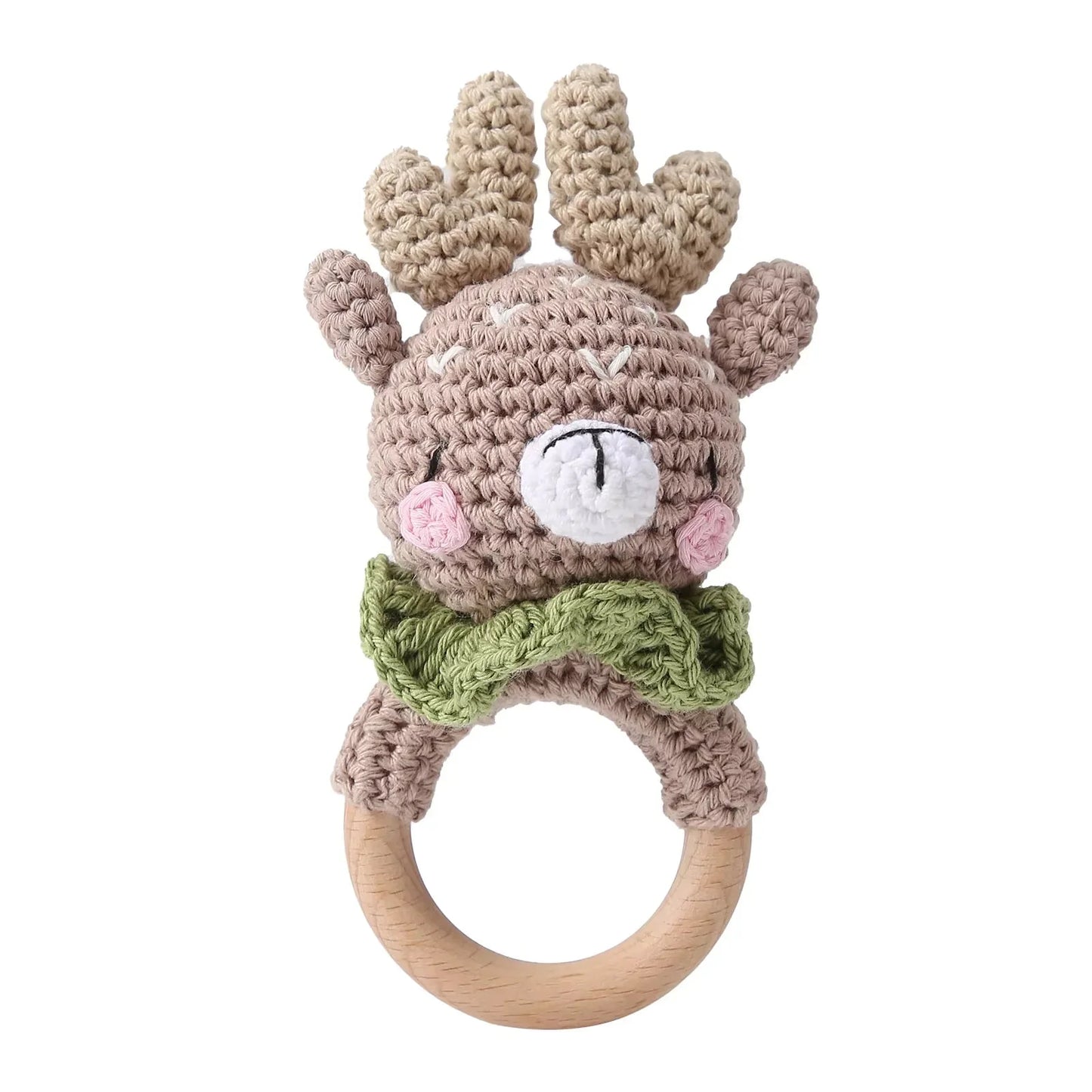 Baby Crochet Rattle & Wooden Teether Toy – BPA Free | Soft Animal Design | Giraffe, Bunny, Lion & More | Newborn Baby Shower Gift