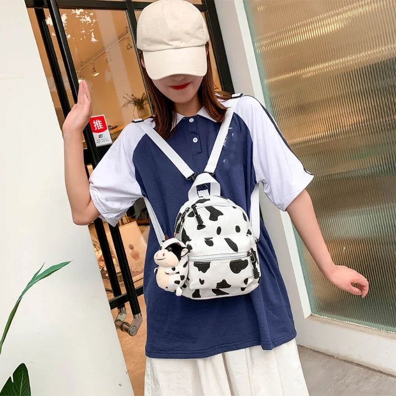 Kawaii Cow Print Mini Backpack – Cute Black & White Canvas Bag | Animal Print Accessory