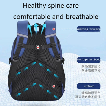 Kids backpack back panel with black mesh, padded straps, and blue accent details