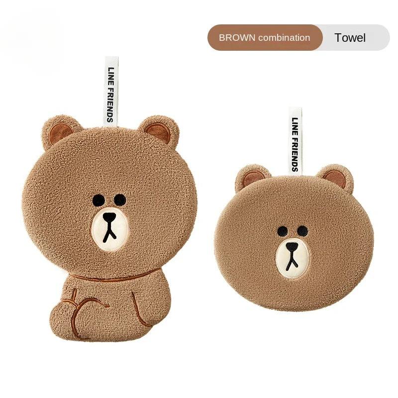 Brown teddy bear hand towel set: full body towel and round head towel
