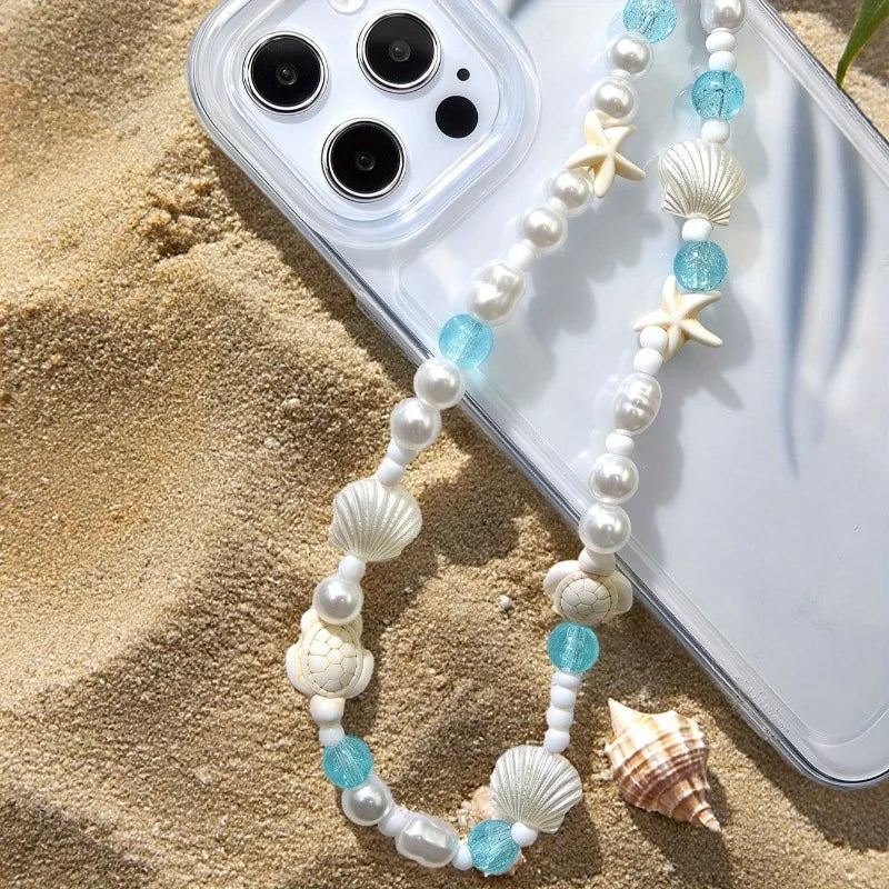 Beaded pearl and blue shell phone charm bracelet with starfish and cowrie accents