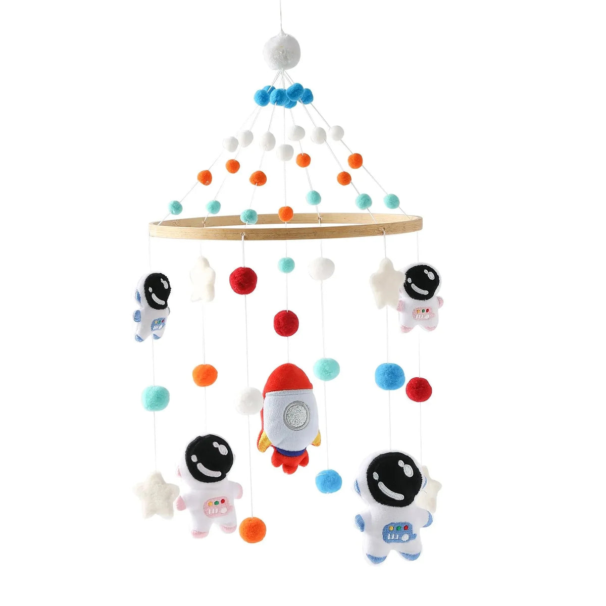 Baby crib mobile with astronaut and space-themed hanging plush balls and stars