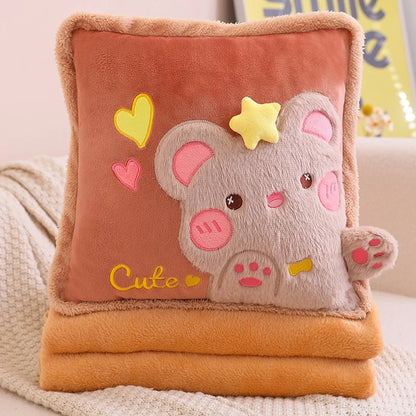 Kawaii pillow and blanket set with orange plush pillow and blanket, cute gray bear face