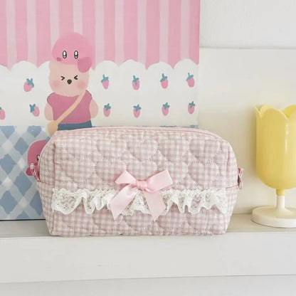 Kawaii Gingham & Lace Pencil Case – Cute Vintage Aesthetic Stationery | Pink & Blue
