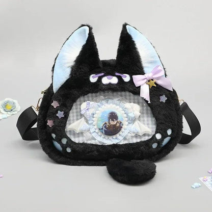 Black cat plush ita bag with light blue eye window patch and purple bow