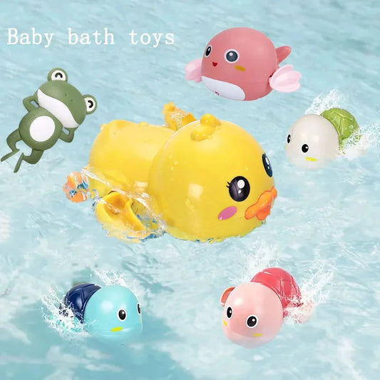 Floating bath toy set with yellow duck, pink fish, blue turtle, and green crab