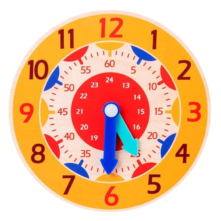 Yellow-orange Montessori wooden learning clock with blue minute and hour hands